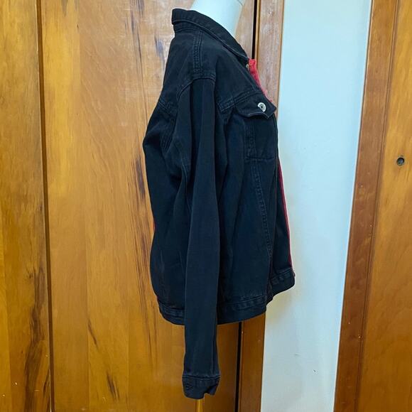 Source Unknown Black and Red Split Denim Jean Jacket Front Chest Pockets - Picture 4 of 6